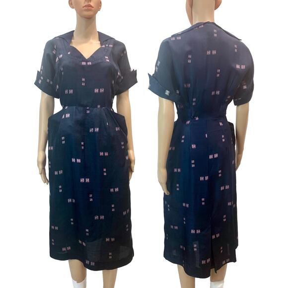 Vintage 1940s Navy Silk Dress – WWII Era Day Dress with Atomic Print - Picture 6 of 10